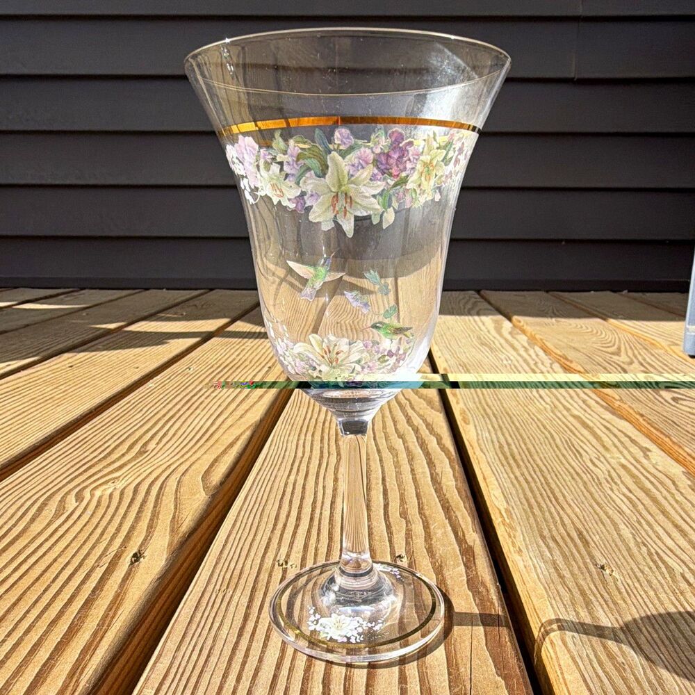 Lena Liu? Painted Floral Stemmed Wine Glass Clear Glass Gold Rim